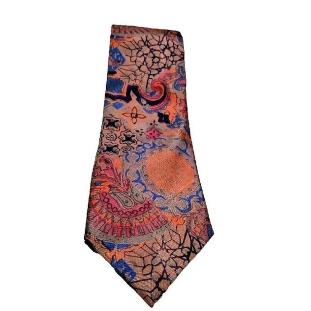 Thai Silk Men Abstract 100% Pure Silk Tie Blue & Peach Necktie Made‎ in Thailand